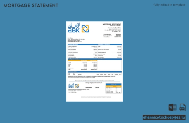Kuwait Al Ahli Bank of Kuwait Hypothekenabrechnung Word- und PDF-Beispielvorschau